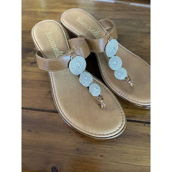 Toscanella Dazzler Crystal Wedge Heel Thong Sandals Cognac Leather. Size 7.5. - Picture 2 of 5